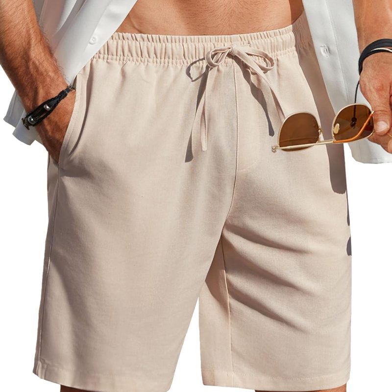 Men's Linen Shorts Casual Beach Shorts 9 inch Inseam Elastic Waist Drawstring Summer Shorts