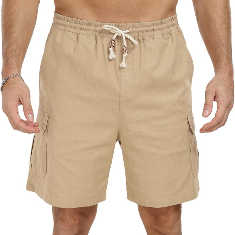 Men's Linen Shorts Summer Beach Casual Drawstring Shorts with Multi Pockets