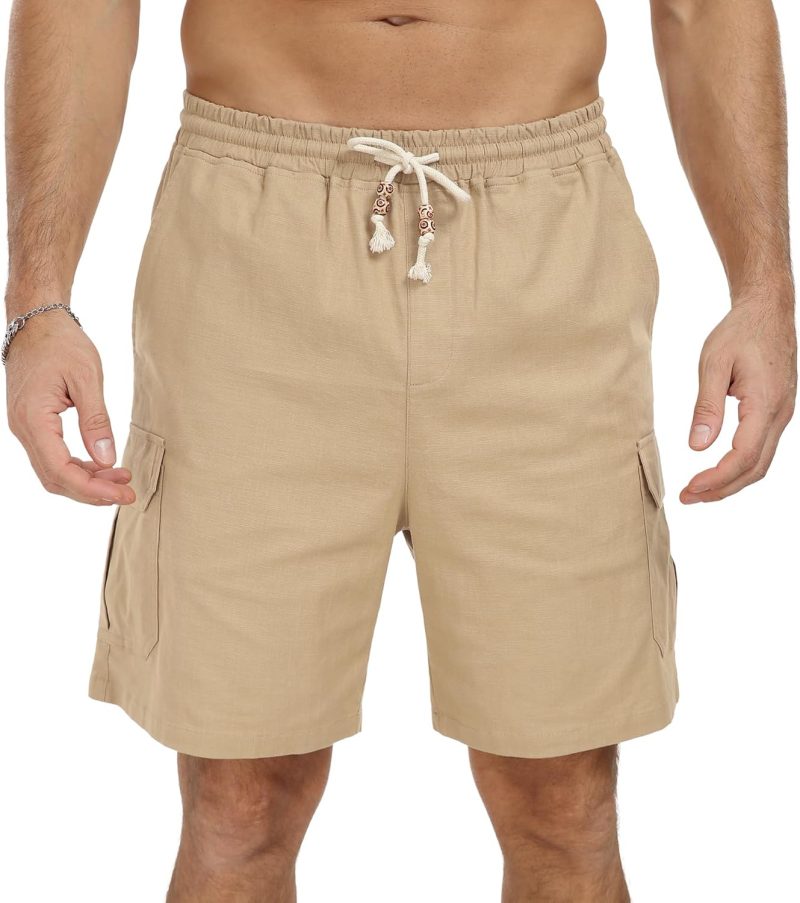 Men's Linen Shorts Summer Beach Casual Drawstring Shorts with Multi Pockets