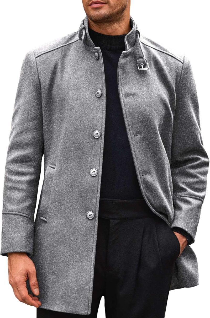 Mens Trench Coat Stand Collar Casual Slim Fit Single Breasted Pea Coat Overcoat